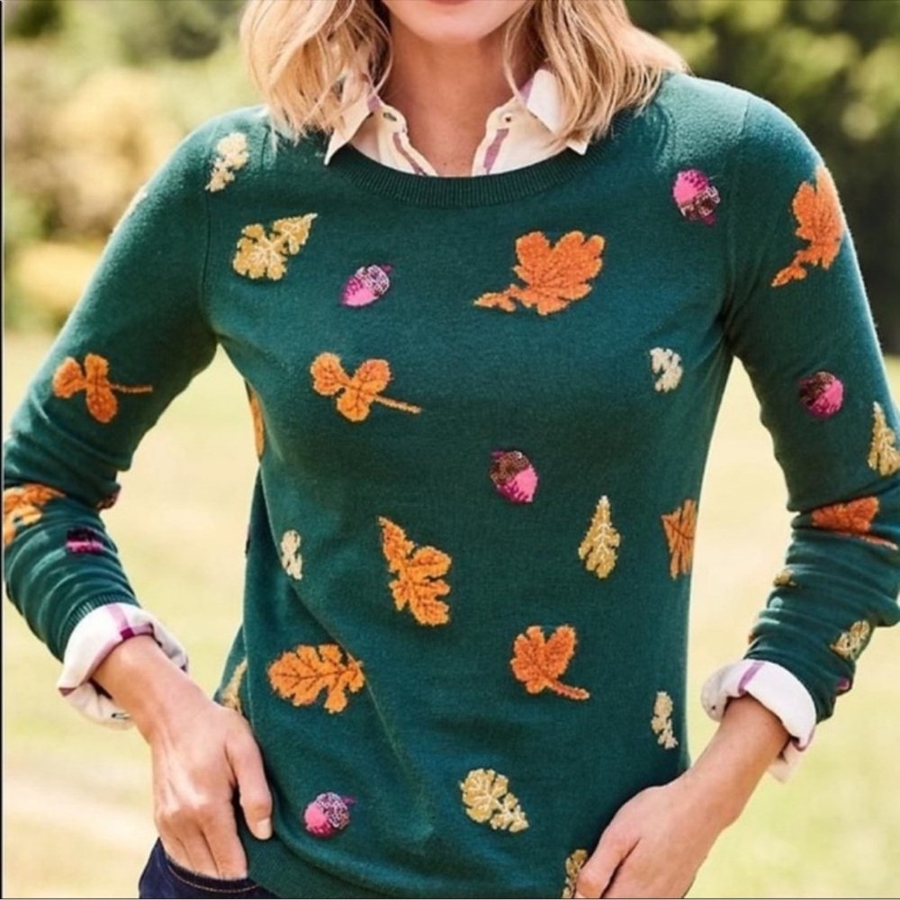 Talbots Green Sweater With Leaf Glitter Accents “Fall Perfect” Size XL